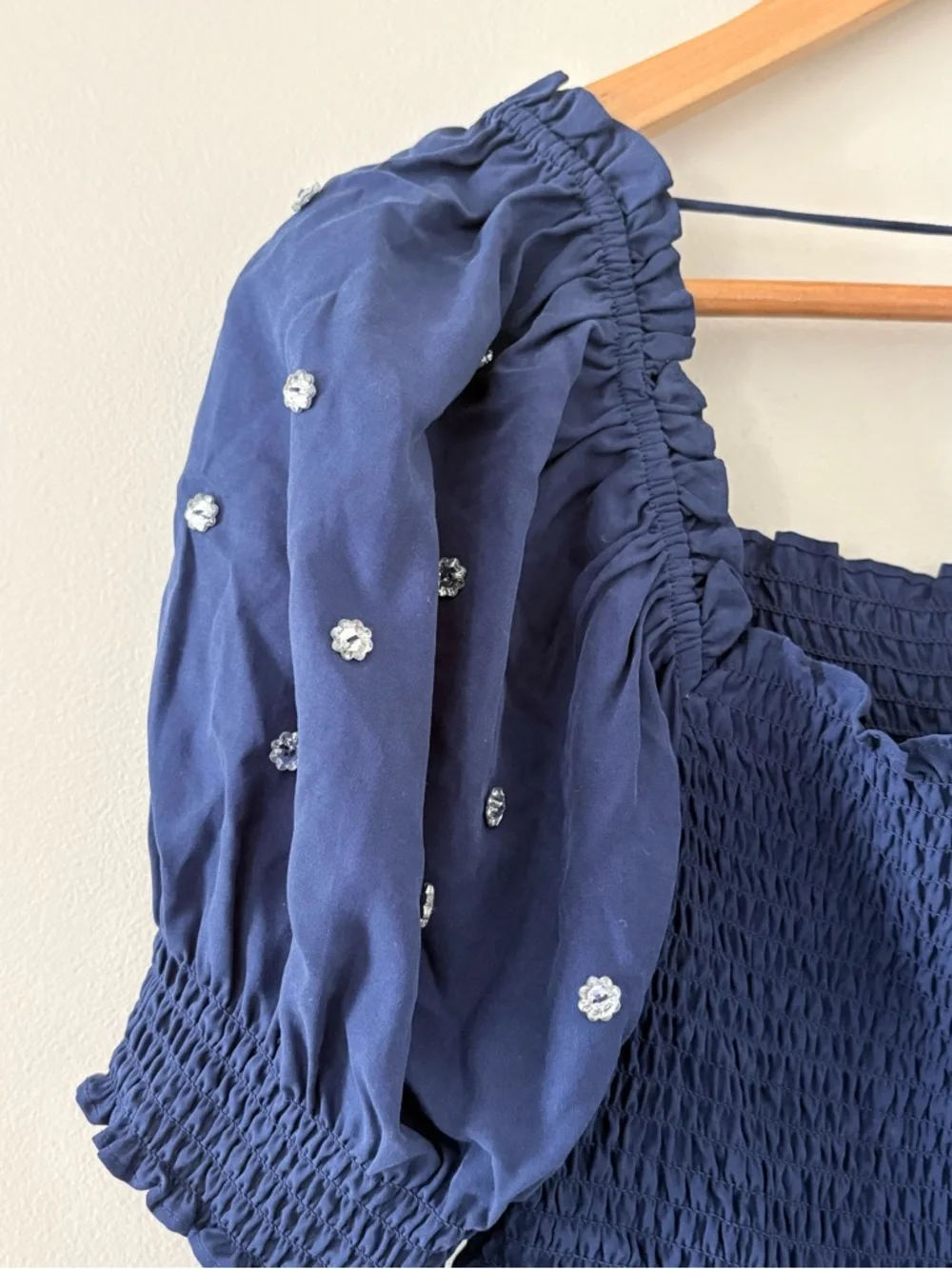 Hill House Home Jewel Jammy Top Navy Blue Smocked Peplum‎ Puff Sleeve Size M